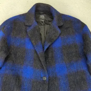Armani Exchange AX Coat Women's XS Oversized Blue‎ Black Plaid Wool Blend Jacket thumbnail 3