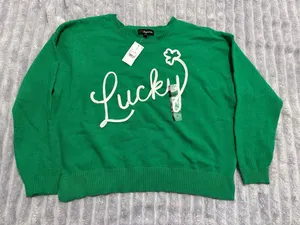 32 Degrees Green Crewneck Sweater with White "Lucky" Script thumbnail 1