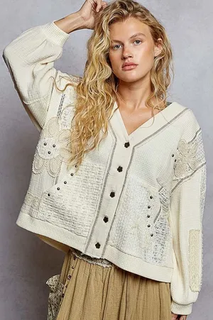 POL Lg Cream Patchwork V-Neck Button Front Cardigan thumbnail 1