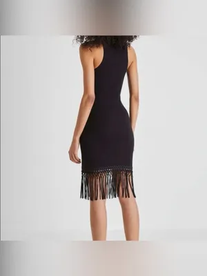 NWOT French Connection Black Ribbed Fringe Hem Midi Dress Size L Boho Swing thumbnail 3