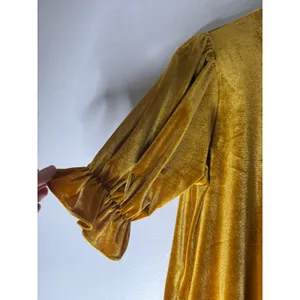 Calista Mustard Yellow Velvet Babydoll Mini Dress Ruffle Neck Puff Sleeve S thumbnail 4
