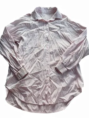 Pink White Striped Button Up Shirt Size M Smocked Cuff Long Sleeve Pocket Top thumbnail 1
