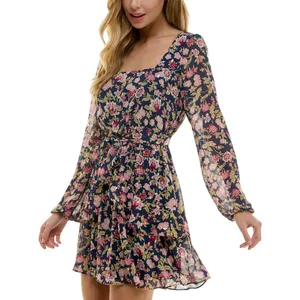 NWT City Studio Blouson Sleeved Square-Neck Fit Flare Dress Navy Blue / Wine M thumbnail 3