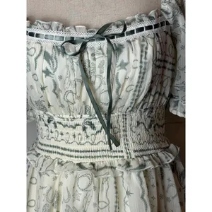 Francescas Mini Dress Women Small Green Toile Western Print Smocked Tiered Boho thumbnail 8