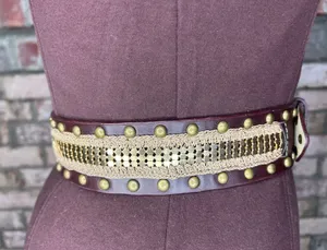 belt y2k leather studded crochet boho brown brass thumbnail 1