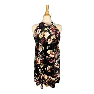 Final Touch Floral Velvet Dress Womens Large Black Halter Neck‎ Mini Shift USA thumbnail 2