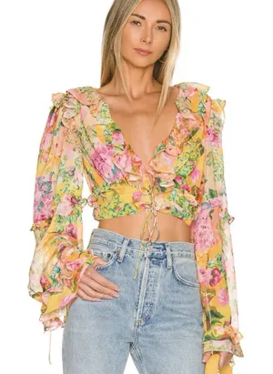 For Love and Lemon’s Nina Floral Lace Front Ruffle‎ Cropped Blouse - Multi XXS thumbnail 1
