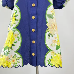 NWOT Farm Rio Linen Blend Blue Scalloped Floral Garden Mini Dress Size XXS/W38 thumbnail 4