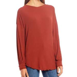 Free People Shimmy Shake Top Oversized Rust Long Sleeve Blouse scalloped hem EUC thumbnail 13