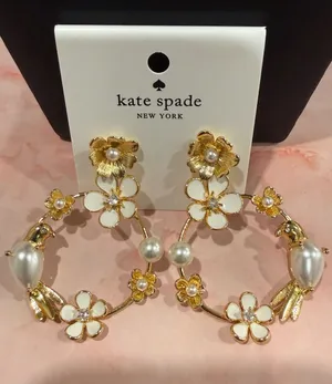 kate spade |♠️| Gold & White Floral, Pearl & Crystal Hoop Earrings | Med/L thumbnail 1