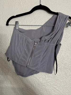 Missguided One-Shoulder Light Gray mesh Corset zip up Top size 6 thumbnail 5