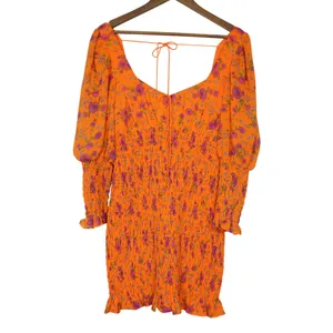 For Love & Lemons Orange Floral Smocked Mini Dress Long Puff Sleeve Sweetheart thumbnail 2