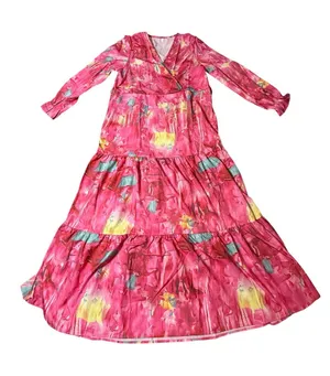 Pink Abstract Floral Tiered Maxi Dress Long Sleeve Faux Wrap Medium thumbnail 1