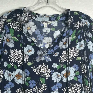 Lucky Brand Navy Floral Print Tassel V Neck Long Sleeve Blouse Women's‎ Small thumbnail 9