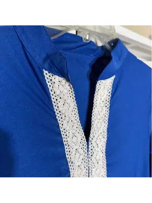 Vintage 70s kaftan dress royal blue hippie boho white cotton lace embroidery M thumbnail 3