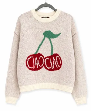A New Day Cherry Graphic Sweater Women’s Medium Cream Knit Pullover Cozy Cute thumbnail 1