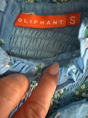 OLIPHANT 100% Cotton Smocked Flirty Ruffle Blue Block Print | Size Small thumbnail 13