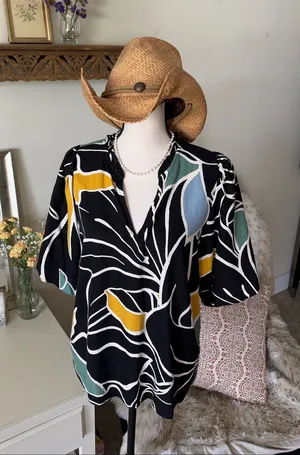 Ann Taylor black linen blend multicolor tropical puff sleeve blouse top M thumbnail 1