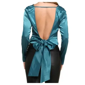 NWT Lulus teal green satin top size M open back big bow. thumbnail 2