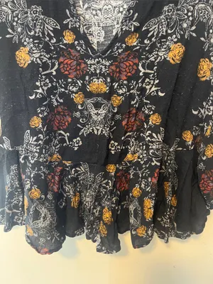 Free People Black Floral Long Sleeve Peasant Top with Rust & Mustard Accents thumbnail 5