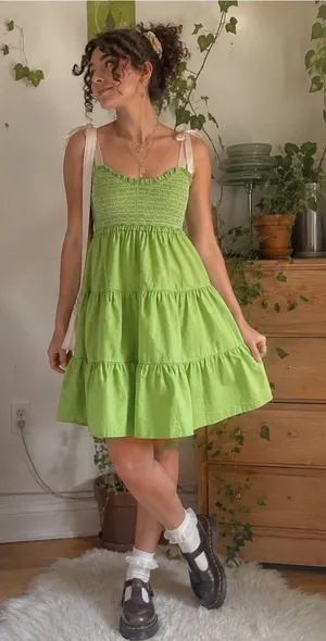 LOVELO Lime Green Smocked Tiered Cotton Dress Adjustable Ribbon Tie Straps M thumbnail 1
