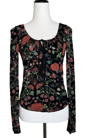Free People Floral Babydoll Long Sleeve Top Sz L Red Whimsigoth Fairy Grunge Y2K thumbnail 1