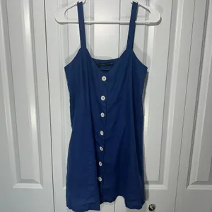Zara Mini Dress Womens M Blue 100% Linen Button Front Sleeveless Sundress V Neck thumbnail 2