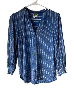 Anthropologie Size 8 Medium Blue Striped Viscose‎ Linen Blend Button Up Long Slv thumbnail 1