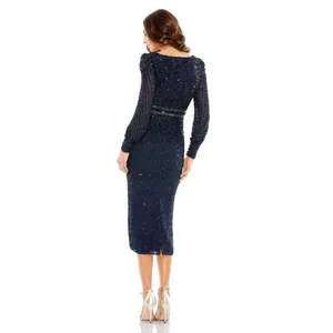 Mac Duggal Sequined V Neck Bishop Sleeve Midi Dress Navy Blue‎ Size 16 #93593 thumbnail 3