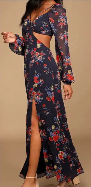 NWOT Lulus Growing, Growing, Gone Navy Blue Floral Print Cutout Maxi Dress thumbnail 1