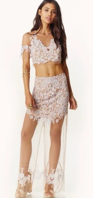 For Love and Lemons Vintage Luau Lace Mesh Nude White Maxi Skirt Medium $233 thumbnail 1
