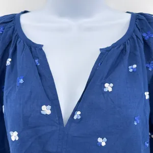 ROLLER RABBIT Blue Embroidered‎ Cotton Tunic Blouse Small S Boho V-Neck Slit Top thumbnail 6