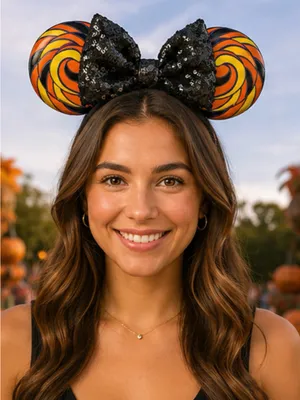 Disney Halloween Swirl Candy-theme Mickey Ears Headband with Black Sequin Bow thumbnail 4