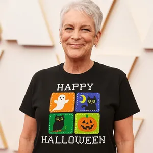 Happy Halloween 3X T-shirt Womens Black Shirt Ghost Owl Cat Jack O Lantern thumbnail 1