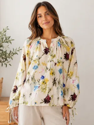 Zara Floral Long Sleeve Blouse Size L Boho Lightweight Top thumbnail 2