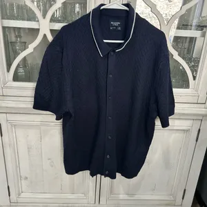 Abercrombie & Fitch Textured Knit Polo Shirt Navy Blue XXL thumbnail 2