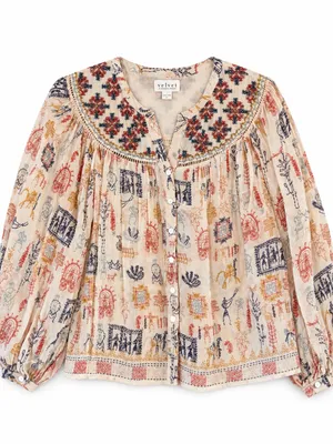 Velvet by Graham & Spencer Blouse Womens M Cream Excellent Embroidered Boho Top thumbnail 3