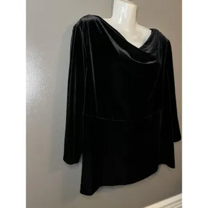 Donna Ricco Blouse Womens 16W Plus Black Velvet Cowl Neck Long Sleeve Made USA thumbnail 2