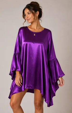 Aomei Purple Satin Bell Sleeve Swing Dress‎ L Glam Party Holiday Statement Piece thumbnail 1