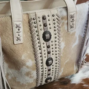 Neutral Cowhide Fringe Satchel Tote - Stylish Everyday Bag thumbnail 12