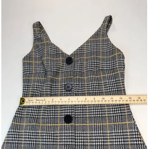 Grey‎ Yellow Plaid Button Front Mini Dress Sleeveless V-Neck A-Line Pinafore thumbnail 8
