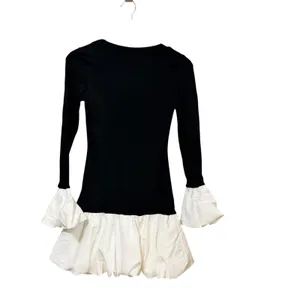 Black Ribbed Long Sleeve Mini Dress White Bubble Hem Ruffle Cuffs XS thumbnail 2