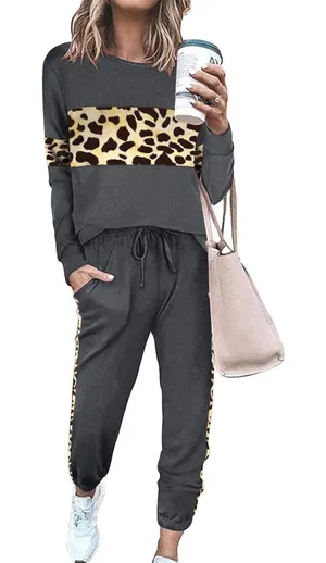 NWT PRETTYGARDEN Leopard Lounge Set‎ Joggers Top Dark Gray Small thumbnail 1