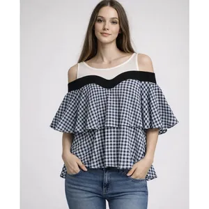 P. Luca Milano Women's Off The Shoulder Gingham Tiered‎ Ruffle Blouse Size L NEW thumbnail 2