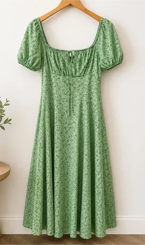 Green Floral Puff Sleeve Midi Dress Cottagecore Slit Dress Large thumbnail 1