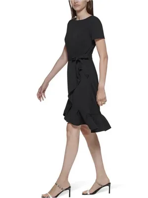 Calvin Klein Black Wrap Ruffle Tie-Waist Crepe Dress Size 4 thumbnail 2