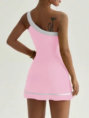 NWOT One-Shoulder Pink Tennis Dress with White Trim thumbnail 3