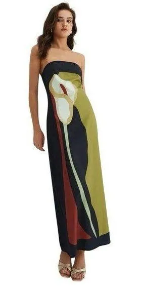 COMMENSE Large Floral Print Split Tube Long Dress COLOR - Yellow/Green Medium thumbnail 1