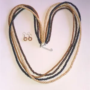 Multi-Strand Beaded Necklace and Hoop Earrings - Brown, Black, Cream thumbnail 1