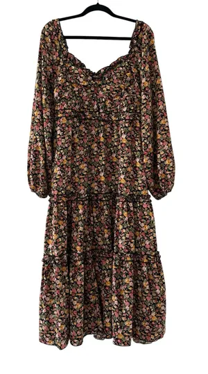 Altar’d State Black Floral Tiered Midi Dress with Puff Sleeves thumbnail 1
